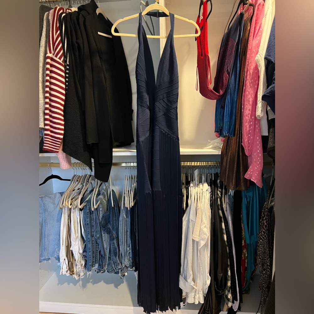 HERVÉ LÉGER Navy Banded Fringe Gown